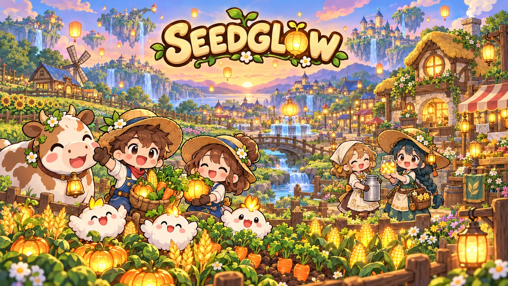 Seedglow: ชาวไร่สองคนกับวัวและไก่ปุยในแปลงผักที่เรืองแสง หมู่บ้านและเกาะลอยฟ้าที่มีโคมลอยอยู่ด้านหลัง